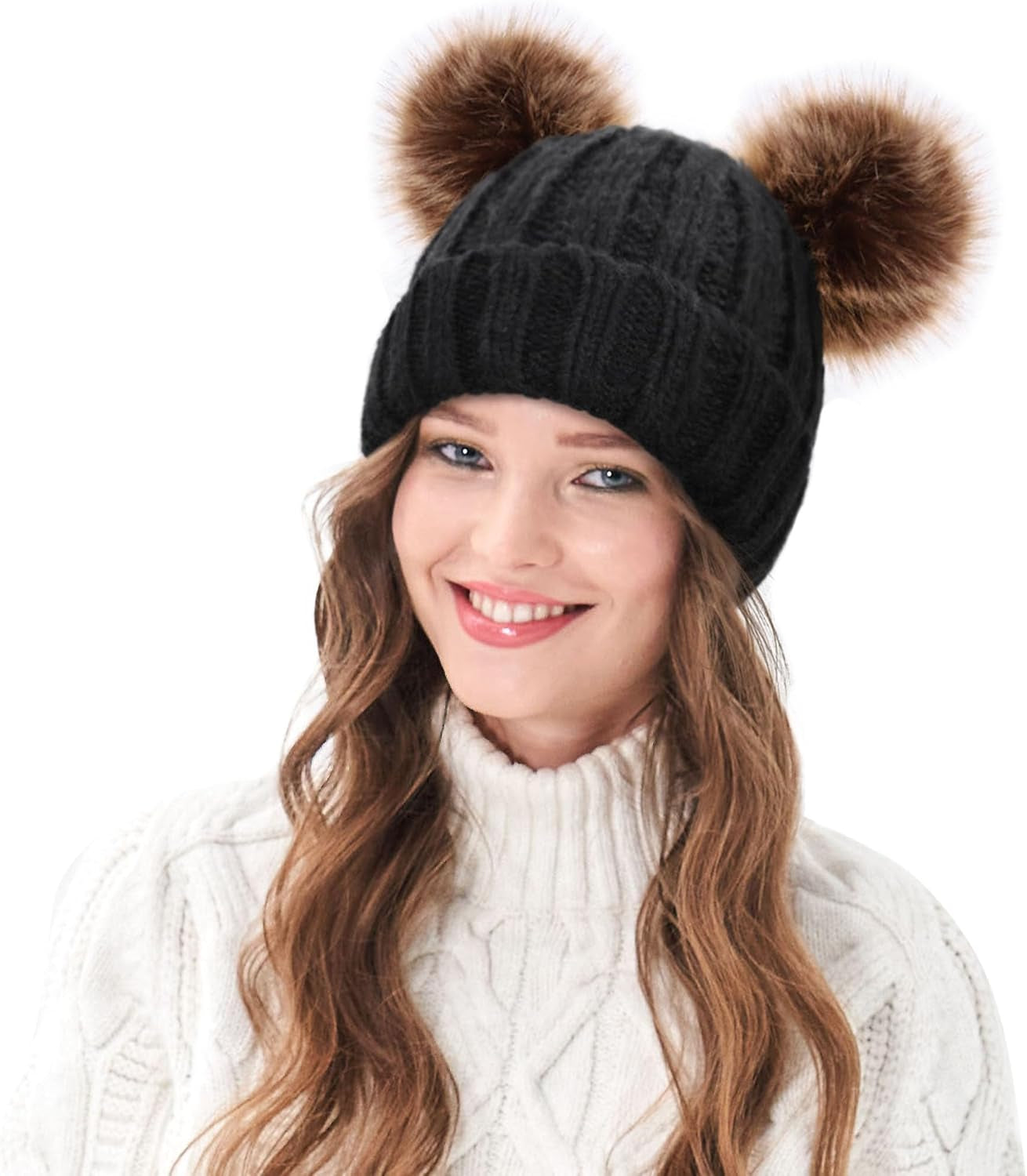 Women's Cable Knit Beanie with Faux Fur Pompom Ears for Winter Wear