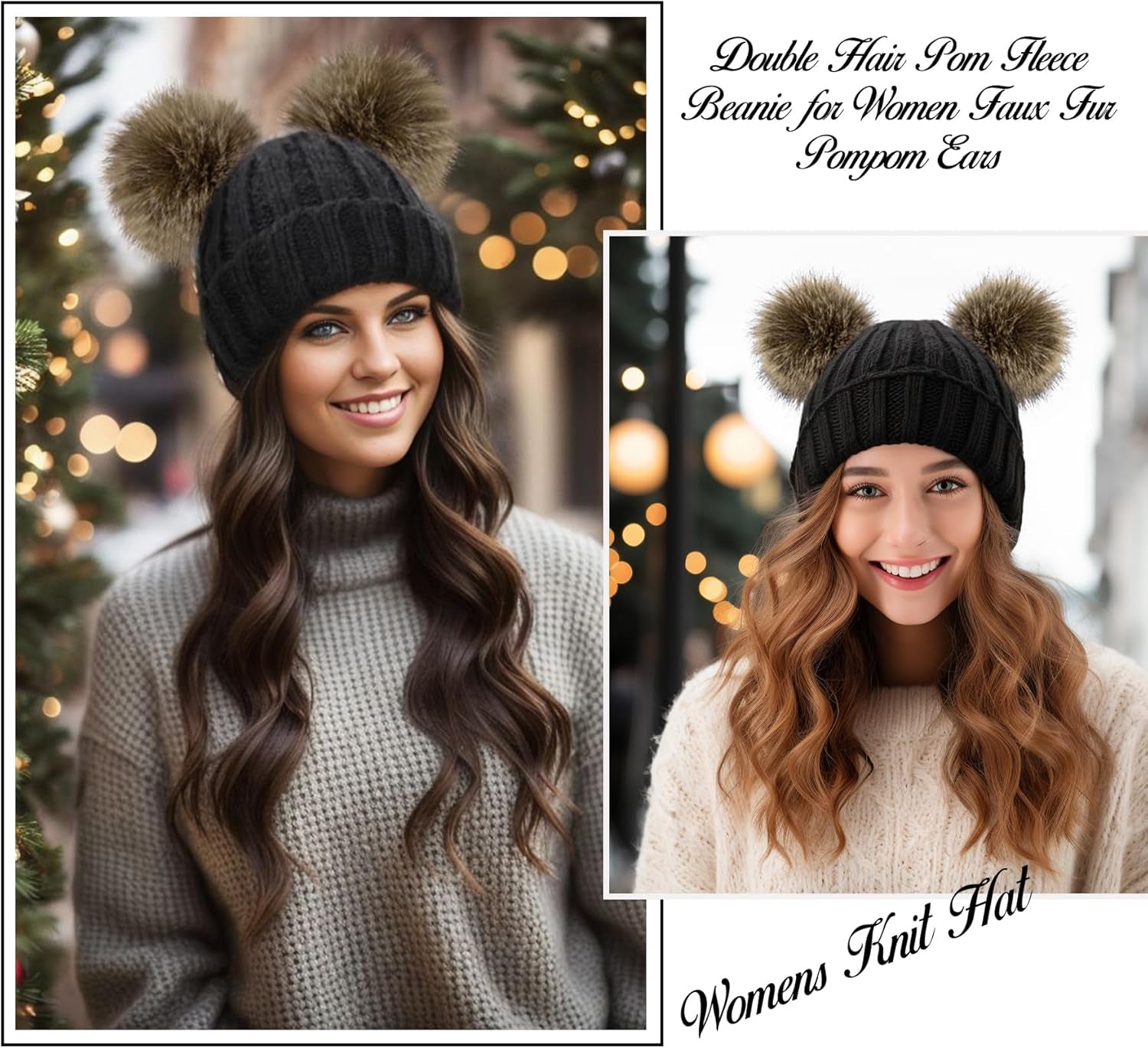 Women's Cable Knit Beanie with Faux Fur Pompom Ears for Winter Wear