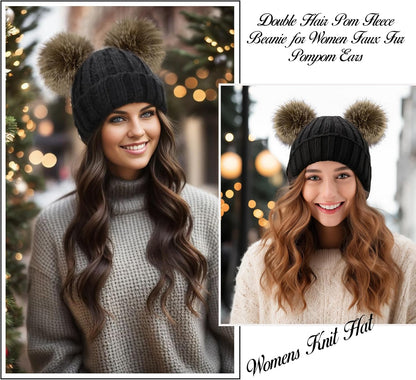 Women's Cable Knit Beanie with Faux Fur Pompom Ears for Winter Wear