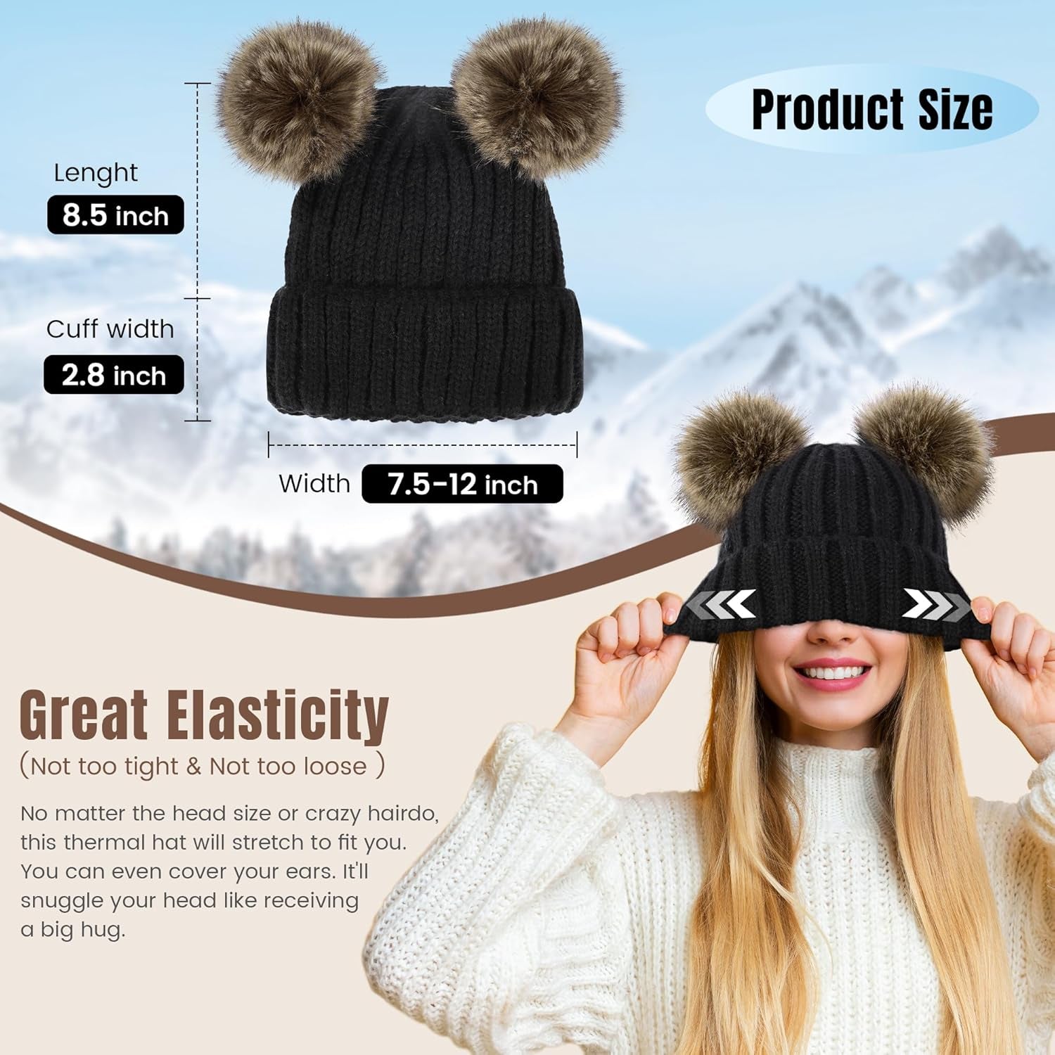 Women's Cable Knit Beanie with Faux Fur Pompom Ears for Winter Wear