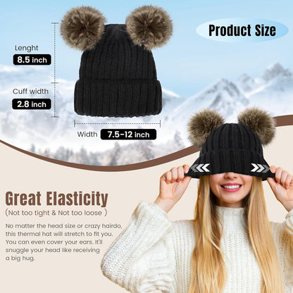 Women's Cable Knit Beanie with Faux Fur Pompom Ears for Winter Wear
