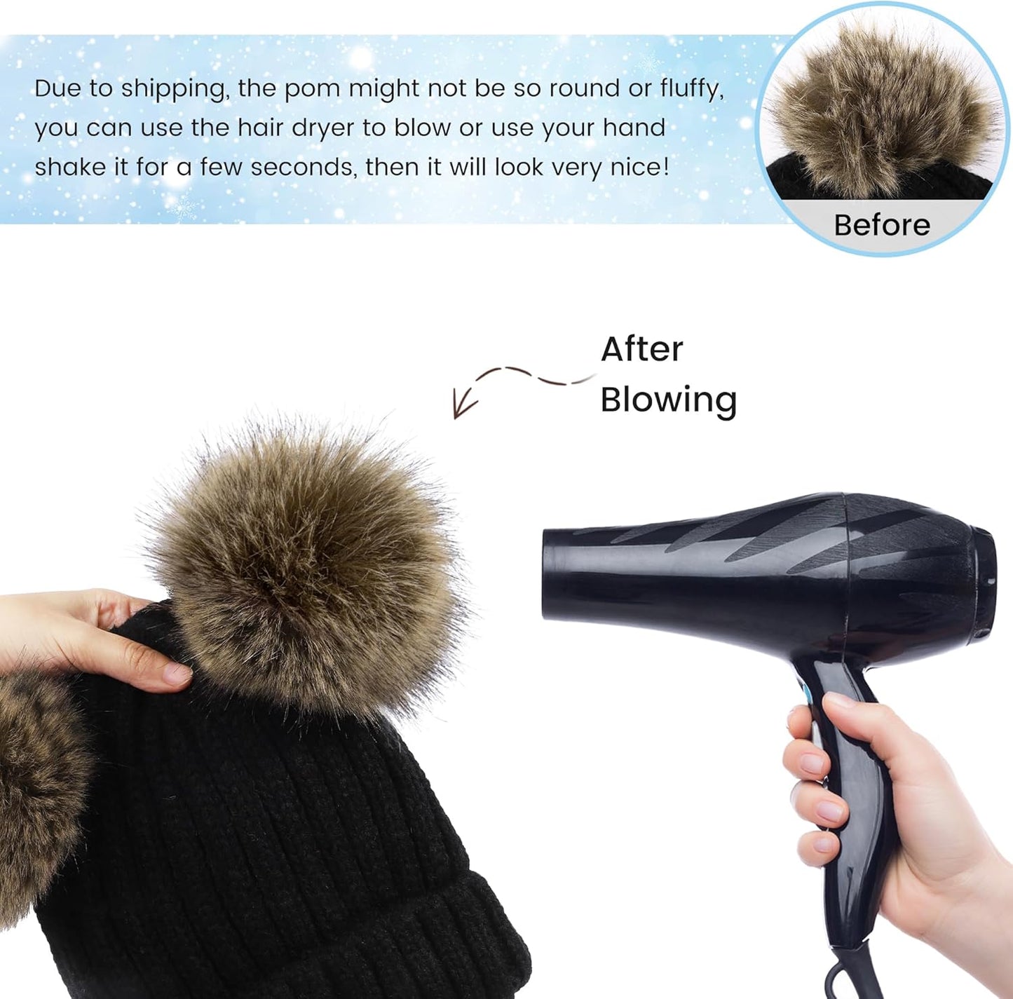 Women's Cable Knit Beanie with Faux Fur Pompom Ears for Winter Wear