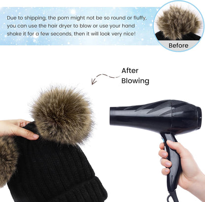 Women's Cable Knit Beanie with Faux Fur Pompom Ears for Winter Wear