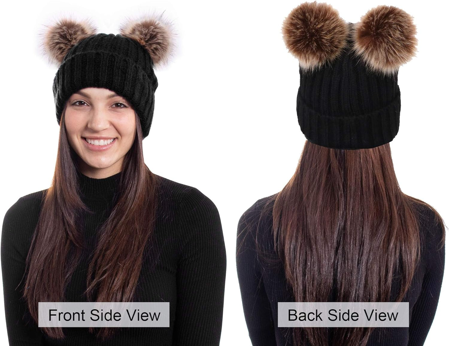 Women's Cable Knit Beanie with Faux Fur Pompom Ears for Winter Wear