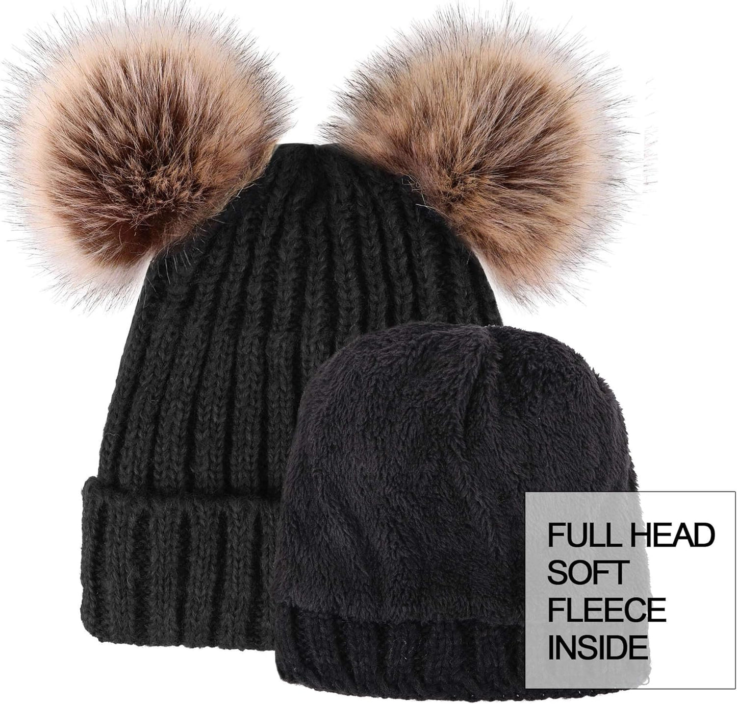 Women's Cable Knit Beanie with Faux Fur Pompom Ears for Winter Wear